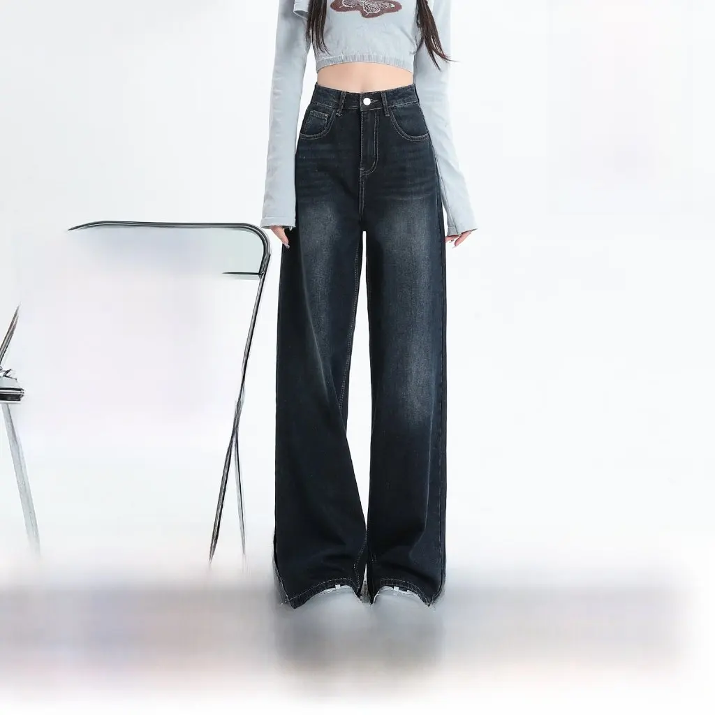 

Женские сине-серые широкие джинсы с высокой талией, утягивающие драпированные свободные прямые брюки длиной до пола на осень-зиму