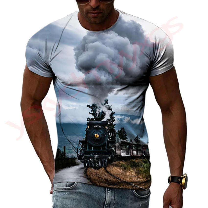 Retro Steam Locomotive The Starting Point Of The Industrial Revolution Hip Hop Men T-shirts 3D Print Round Neck Tee Short Sleeve