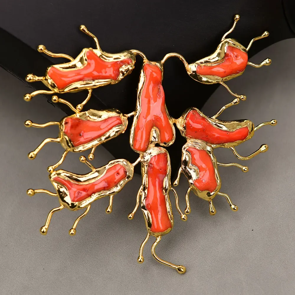 1 Pc Huge Natural Orange Coral Bamboo Branch Nugget Gold Edge Plated Pendant Connector Charm Necklace Making DIY