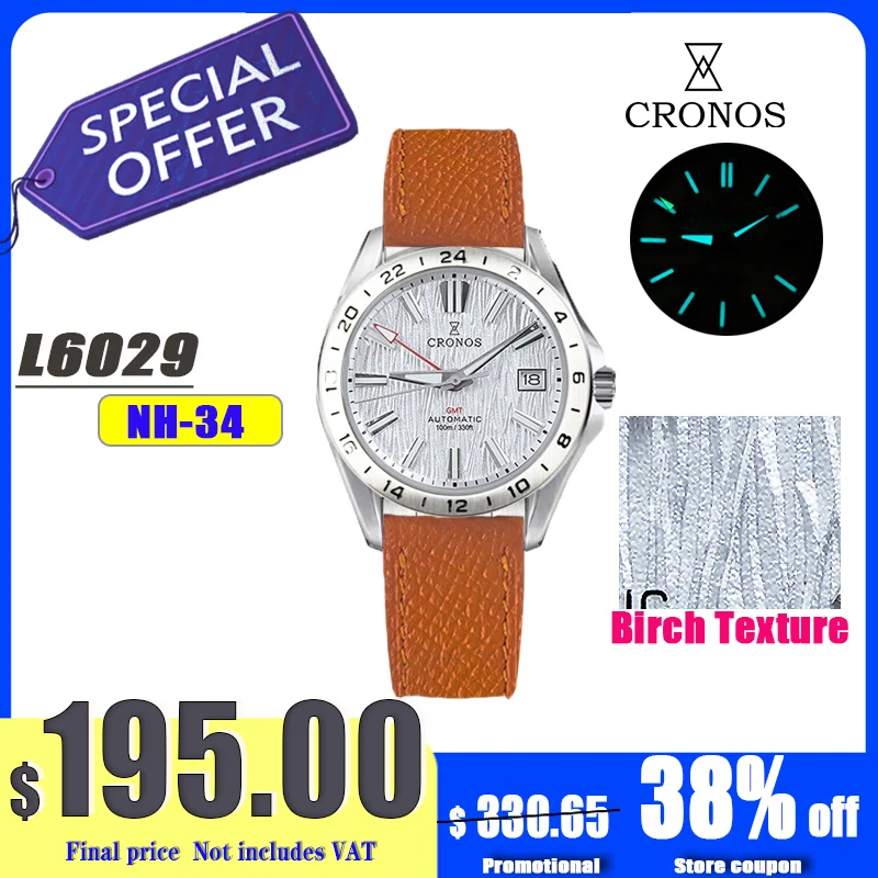 

Cronos GS 39mm Texture Dial Mechanical Men Watch NH34 Automatic Mechanical Bubble Sapphire Glass Brushed Bracelet 10ATM L6029 V2