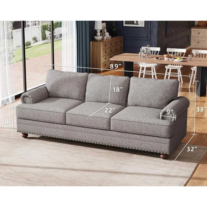 89 Inch Sofa, 3 Seater Couch with Rolled Arms & Nailhead Trim, Modern Couch for Living Room, Grey Linen Sofa Couch