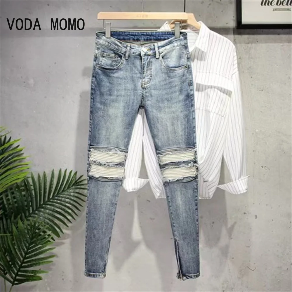 

Fashion Street Style Ripped Skinny Jeans Men Vintage wash Solid Denim Trouser Mens Casual Slim fit pencil denim Pants hot sale