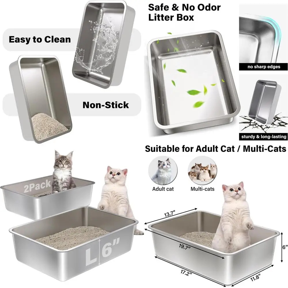 

Large Stainless Steel Cat Litter Boxes - 2 Pack, 19.68 x 13.77 x 6, Easy Clean, Odorless for Adult Cats