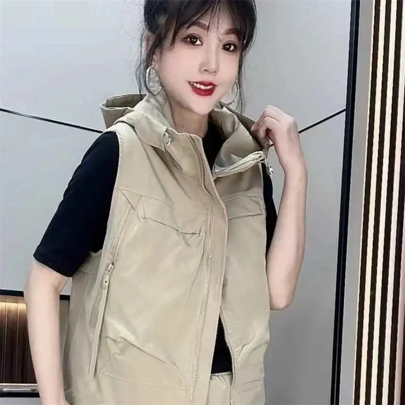 

Элегантный женский жилет с капюшоном без рукавов, осенняя модная однотонная короткая куртка-жилет на подкладке для женщин