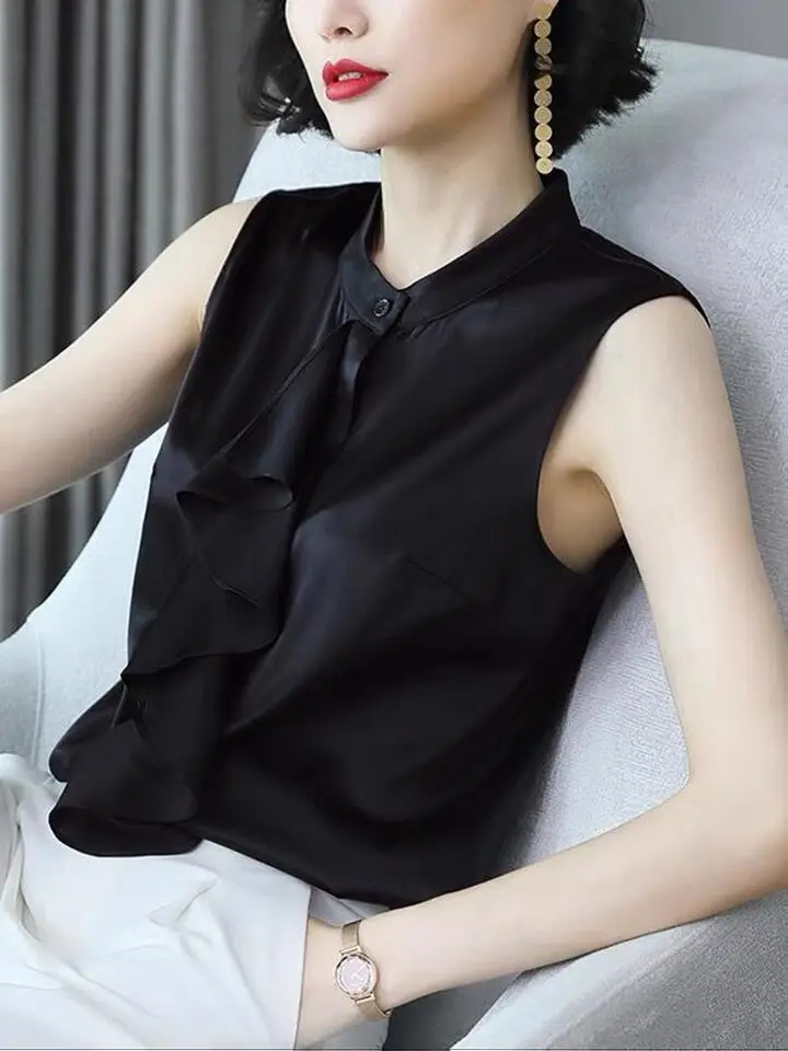 2025 صيف جديد المرأة تكدرت موضة وأنيقة قميص حريري الجليد الكورية نمط تنوعا خلات بلوزات من الساتان بلوزة أسود أبيض #3