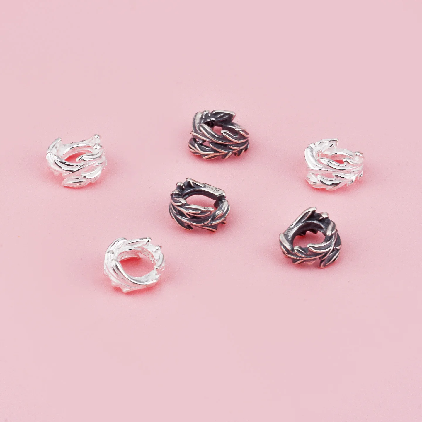 S925 pure silver vintage irregular leaf pattern large-hole divider DIY string bracelet accessory