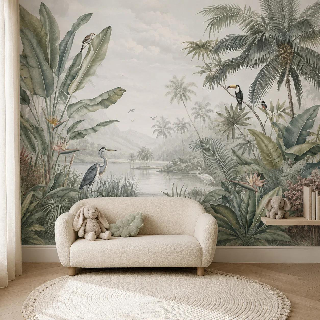Vintage Tropical Jungle Lake Wall Mural Wallpaper Palm Leaves Toucan Heron Botanical Living Room Bedroom Paste Required