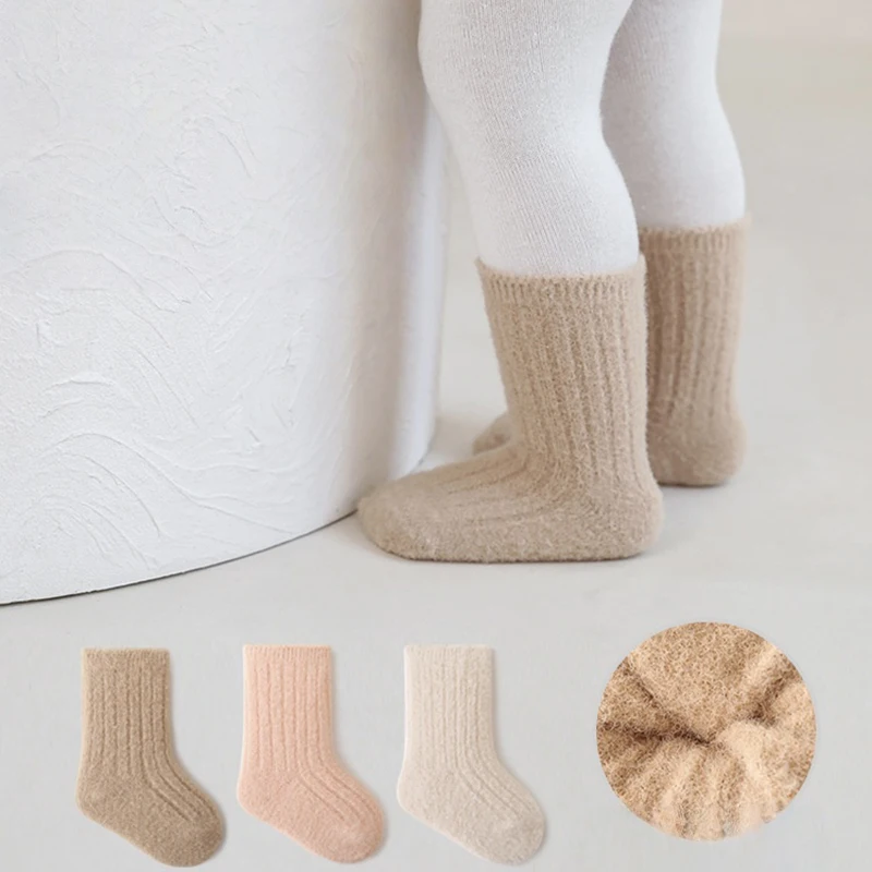 

Winter Warm Socks for Newborns Double Ribbed Knit Fleece Lined Thick Thermal Cozy Neutral Color Socks for 0-5Y Girls Boys
