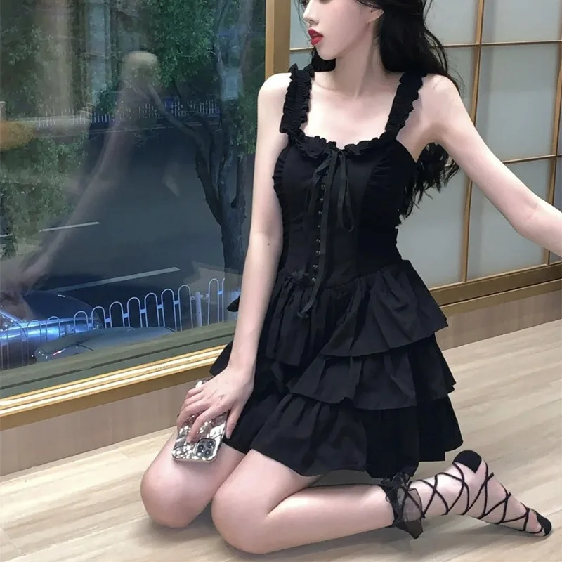 

French Style Summer Spaghetti Strap Little Black Dress for Women, Pure Desire Sexy with Ruffled Elegant Cake Style Design