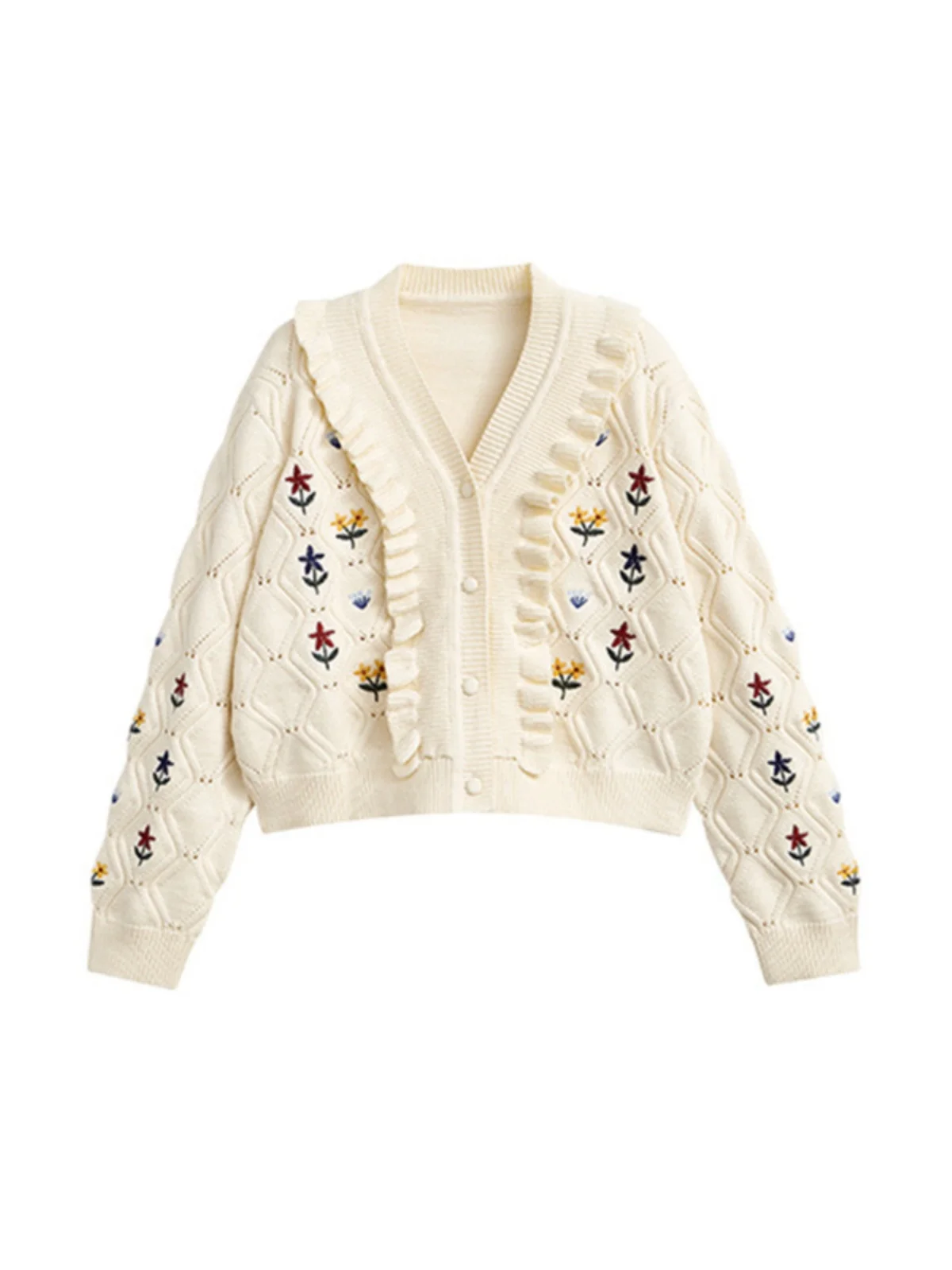 

Retro Embroidered V-Ne Sweater Jaet Women's Spring Faionable ort Knitted Open Cardigan Soft Breeze Lace Design