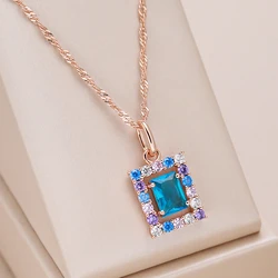 Kienl Fashion 585 Rose Gold Color Square Pendant Necklace for Women Blue Natural Zircon Accessories High Quality Daily Jewelry