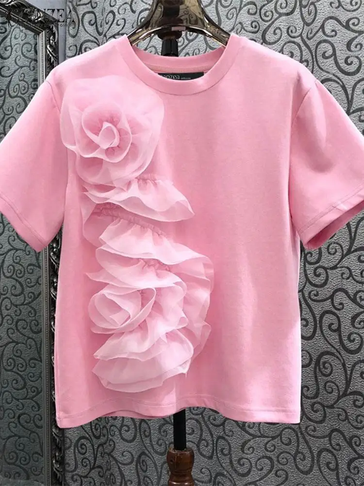 Zanzea 2024 Sommer Kurzarm T-Shirts Frauen Mode Blume Tops lässig feste Party Bluse elegant o Hals lose Arbeit Blusas