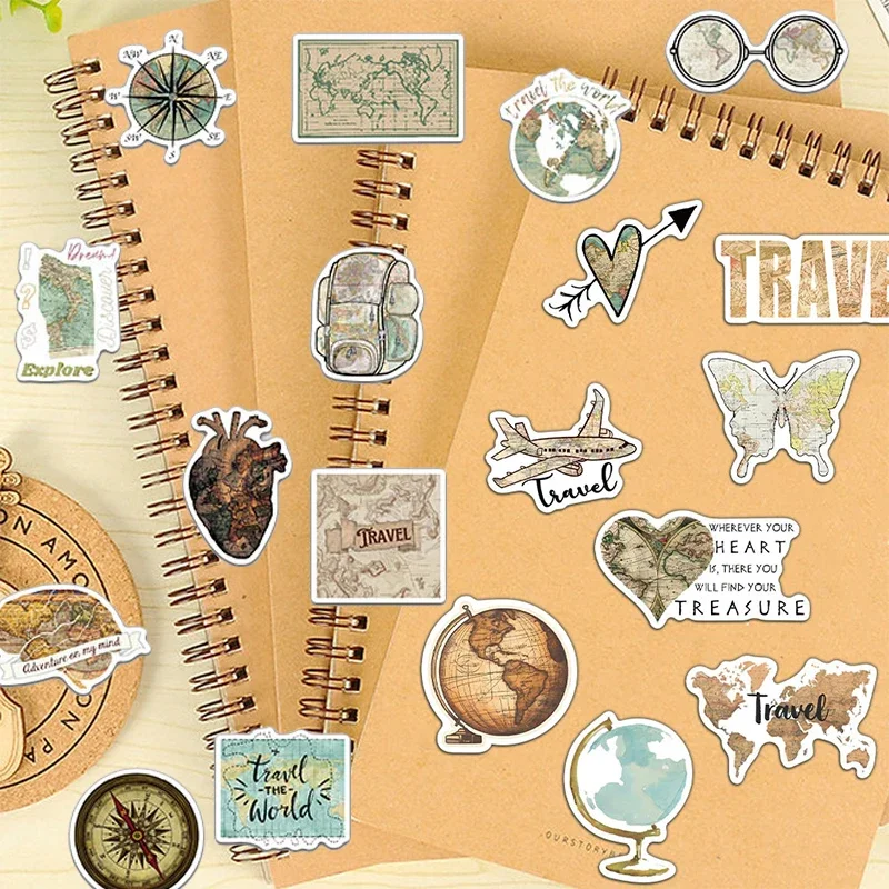 

50PCS Vintage World Map Travel Stickers Set Aesthetic PVC Decals for Scrapbooking Water Bottle Guitar Notebook Kids Toys & Gift
