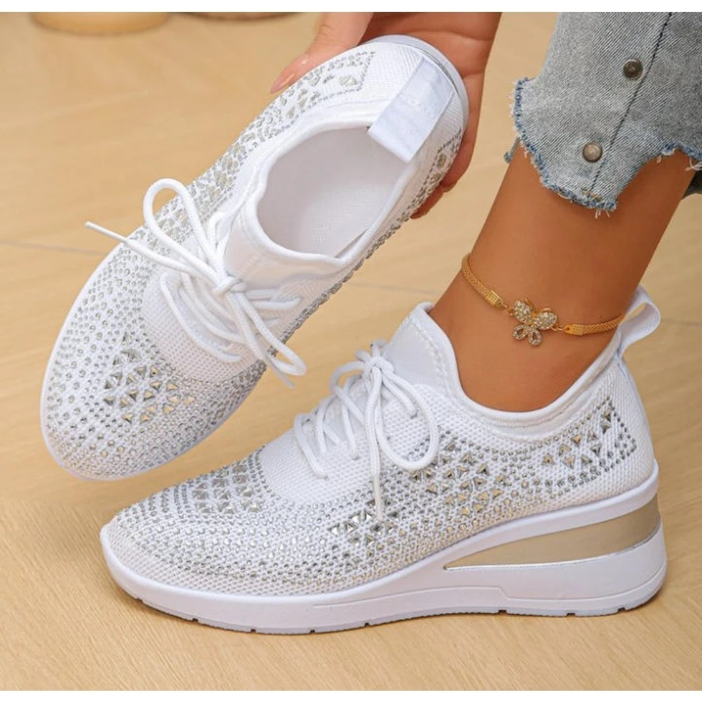 Women's Shiny Rhinestone Wedge Sneakers Breathable Knit Non Slip Walking Shoes Woman Plus Size Fashion Thick Sole White Sneakers