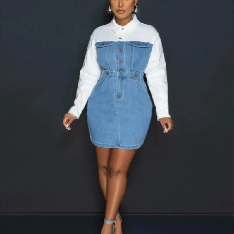 فستان قصير نسائي من قماش الدنيم مُزين بقطع القماش وصدر واحد وجيب على شكل طية صدر السترة فستان قميص ضيق لربيع وخريف 2025 فساتين حفلات