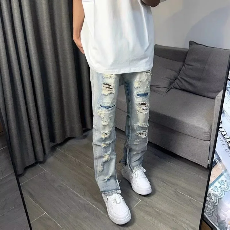 

2025 New American Hip Hop Ripped Jeans Men's Y2K Vintage Streetwear Baggy Denim Pantalones Distressed Straight-leg Blue Jean