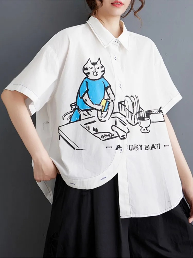 Oversized Summer Shirt Tops Women Cartoon Graffiti Print Modis Casual Ladies Cropped Blouses Short Sleeve Loose Woman Shirt Tops