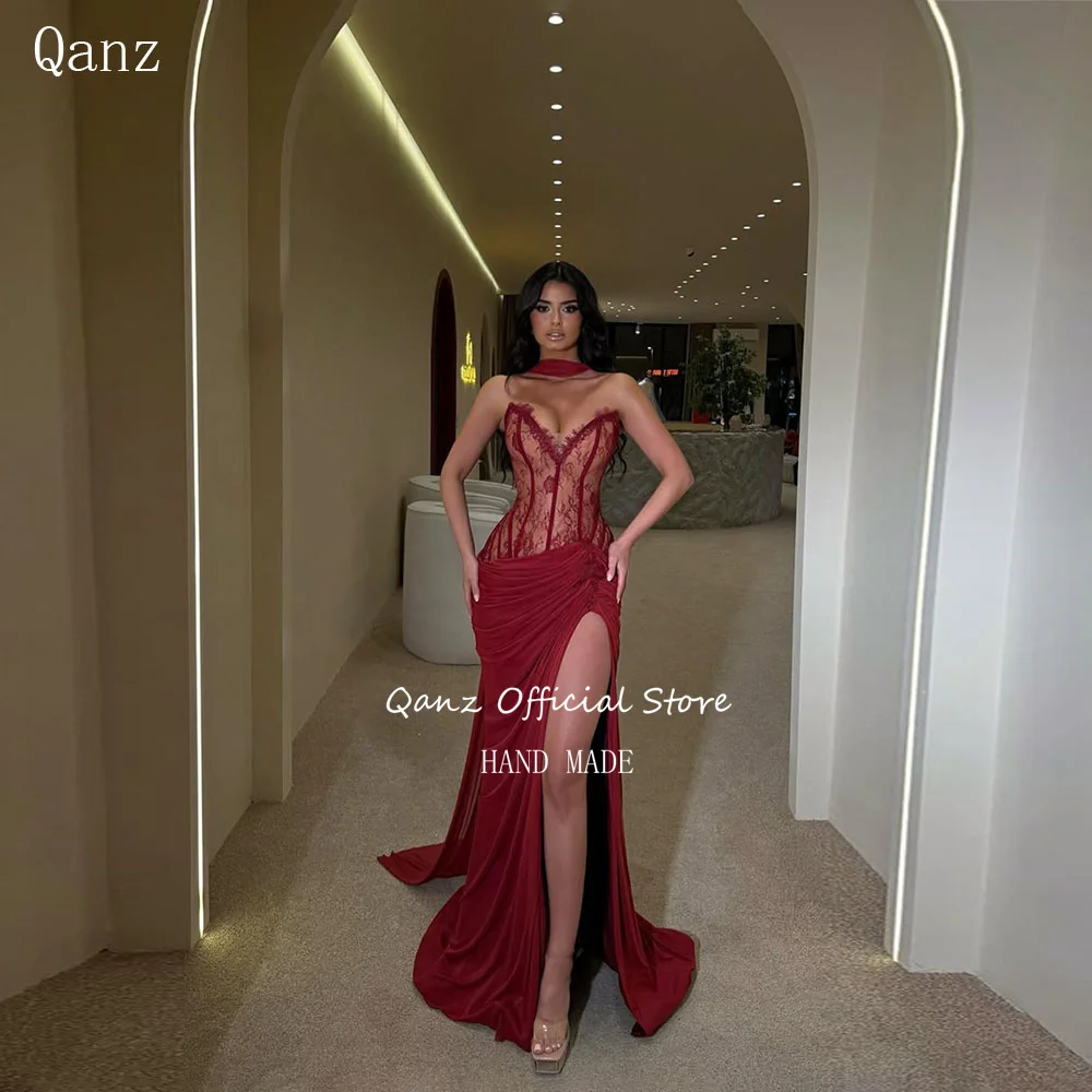 

Вечерние платья Qanz Burgundy для женщин: свадебные и праздничные наряды с высоким боковым разрезом, кружевными аппликациями и силуэтом «русалка», на заказ