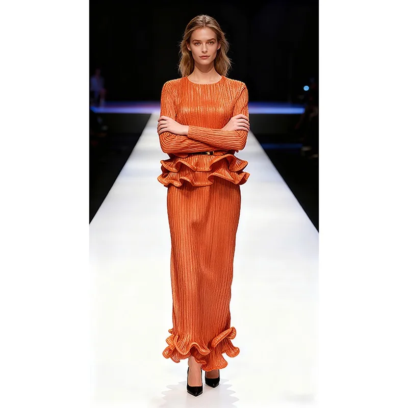 Set gonna a pieghe Miyake girocollo 2025 Nuovi pieghe Top e gonna alla moda Set da 2 pezzi Set premium dimagrante in vita definito da donna