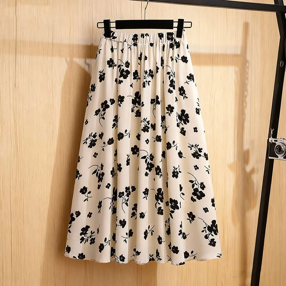 Black Floral Print A-Line Midi Skirt Women's Spring Autumn Thin Digital Printing Versatile Chiffon Half-length Skirt