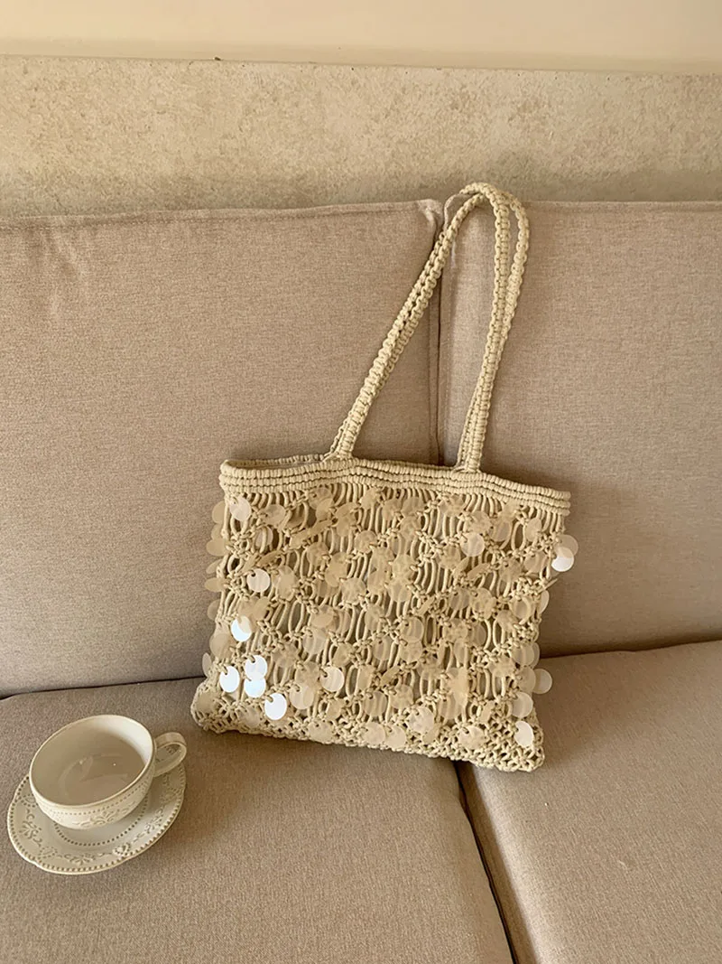 

NEW Hollow Travel Beach Bag Fashion Sequined Tote Handmede Rope Woven Bags for Women Shoulder Bag Women Handbags Shopper Purses