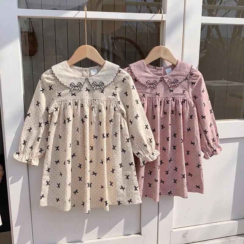 2026 Fall Korean Doll Collar Girls Dress Sweet Kids Princess Dress Bow Knot Decoration Print Long Sleeve Skirt