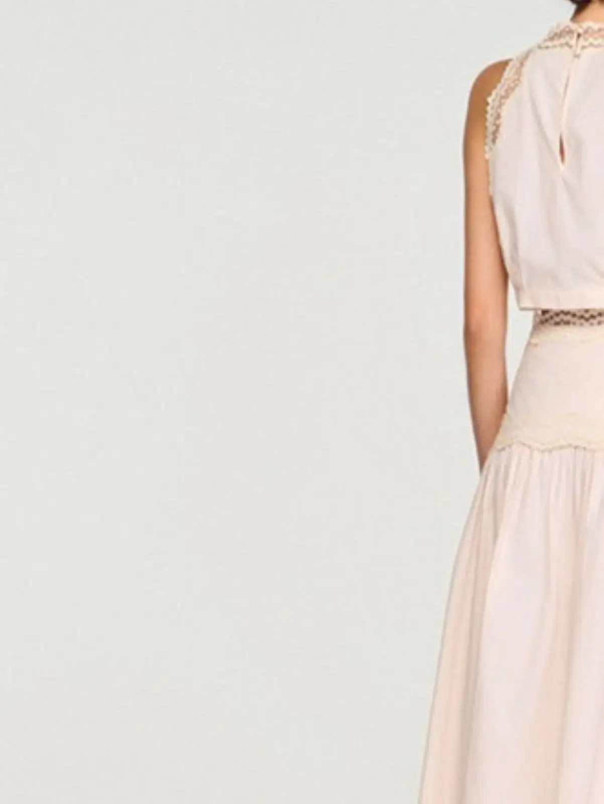 

Spring/Summer Women Halter Neck Lace Trim Solid Set Sleeveless Short Top + Hign Waist A-Line Elegant Fashion Loose Maxi Skirt
