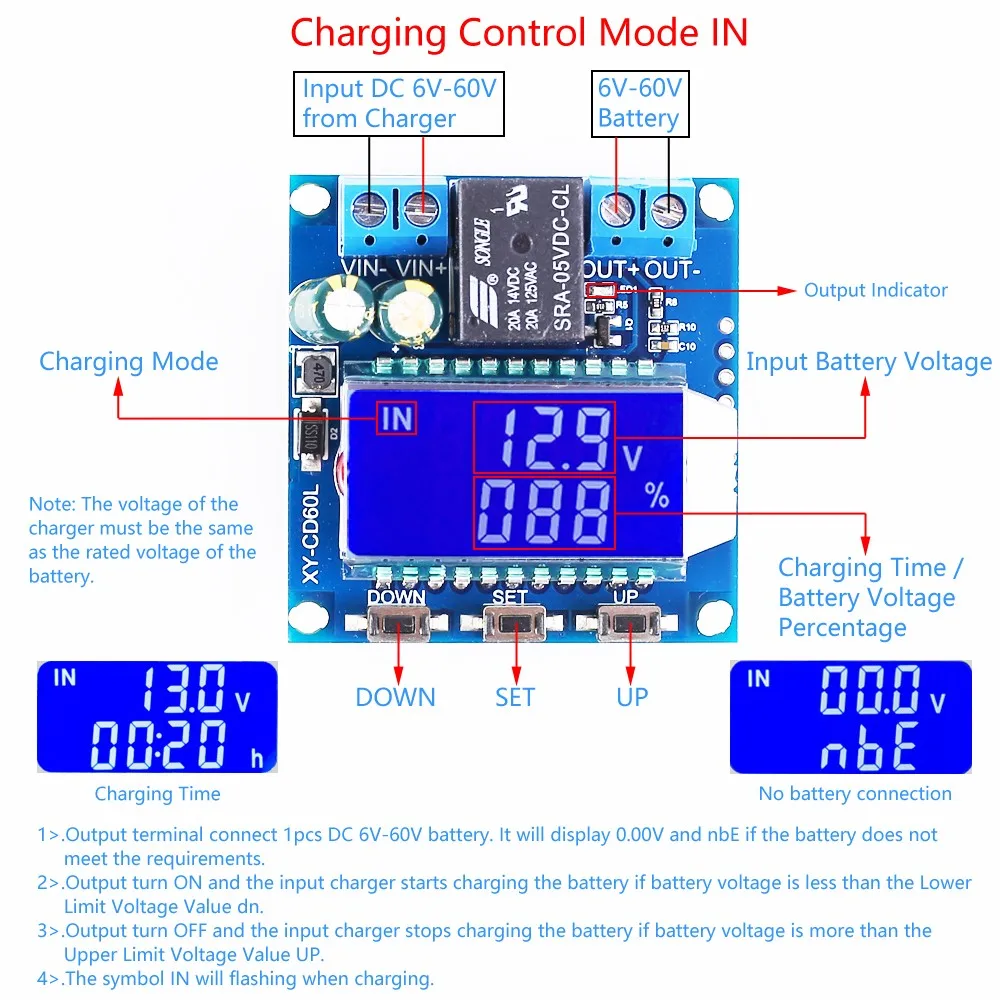 12V/24V/48V 10A/30A Lithium Battery Charge Discharge Controller Protection Board Low Voltage Cut Off Disconnect Module LED Show