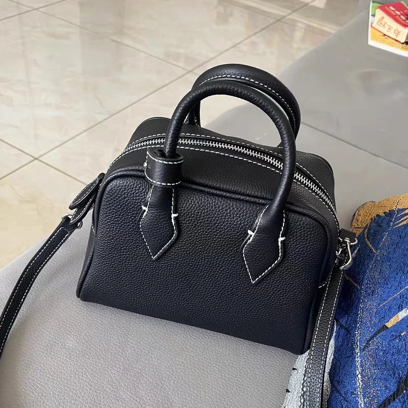 Japan Style Small Bowling Bags For Women Luxury Designer Handbag Purses 2024 New In PU Lychee Texture Top Handle Casual Shoulder