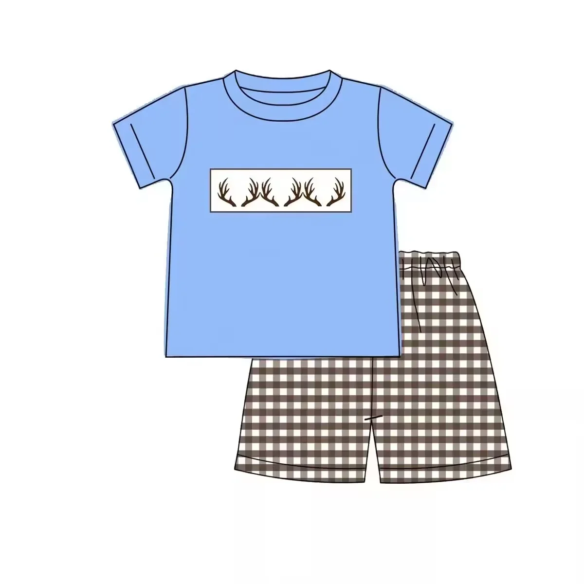 New clothing children's summer short-sleeved shorts antler print plaid shorts children's clothes collection