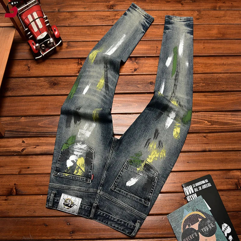 

High-End Retro Tattered Jeans Jeans Men's Autumn and Winter Paint Printing Stretch Slim-Fitting Ankle-Tied Denim Long Pants