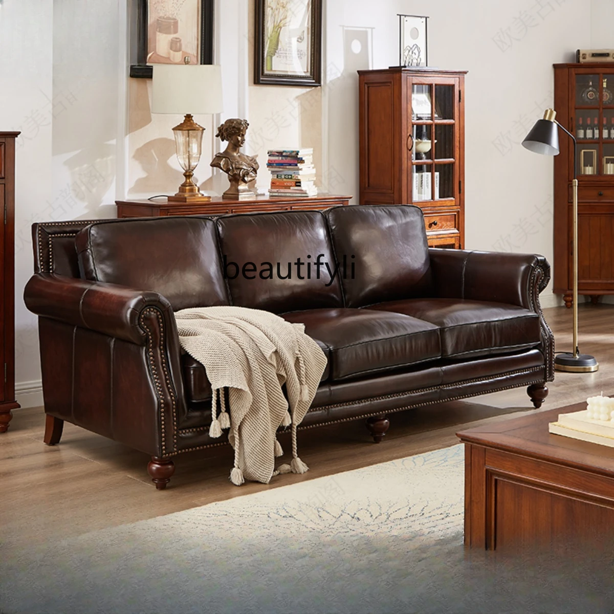 Modern Minimalist Top Layer Cowhide Leather Sofa Home Living Room Soft Furniture Combination Simple Solid Wood