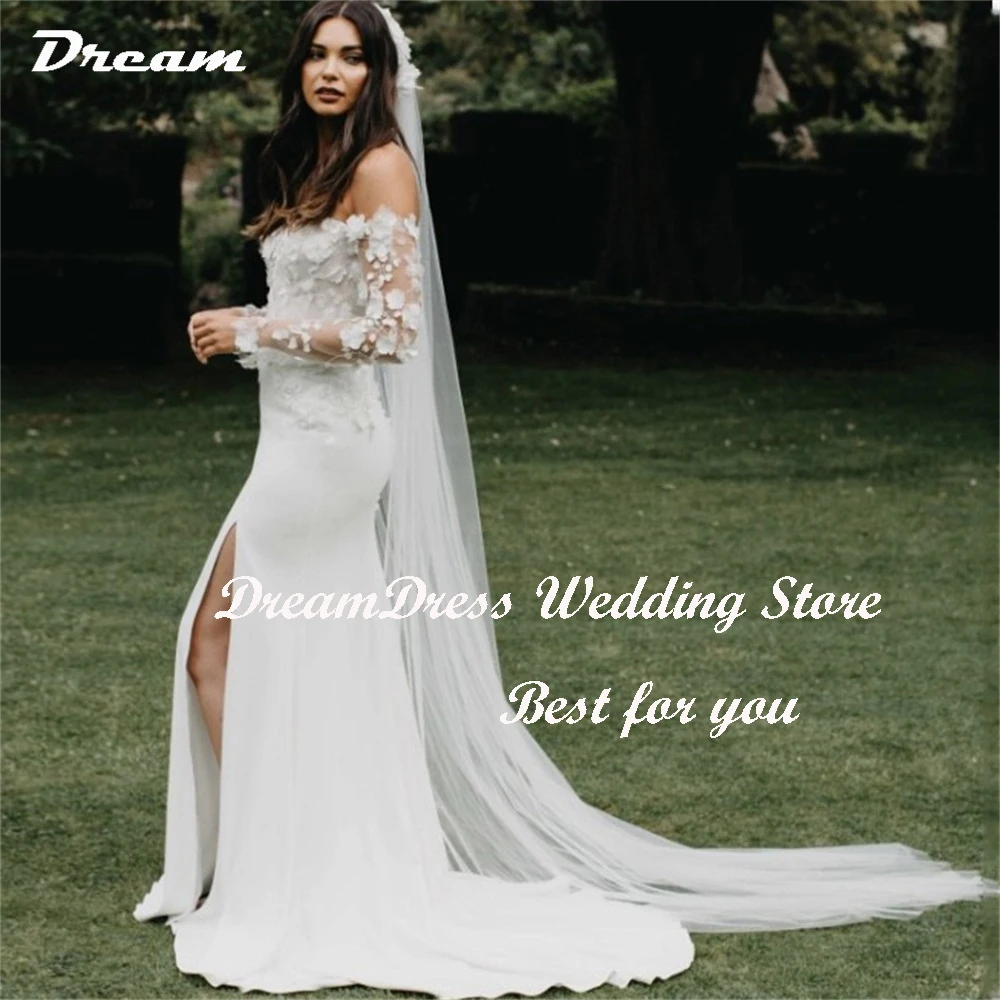 DREAM ที่กําหนดเองปิดไหล่ชุดเดรสเมอร์เมด Appliques Side Slit ชุดเจ้าสาวกวาดรถไฟ Vestidos Novias Boda