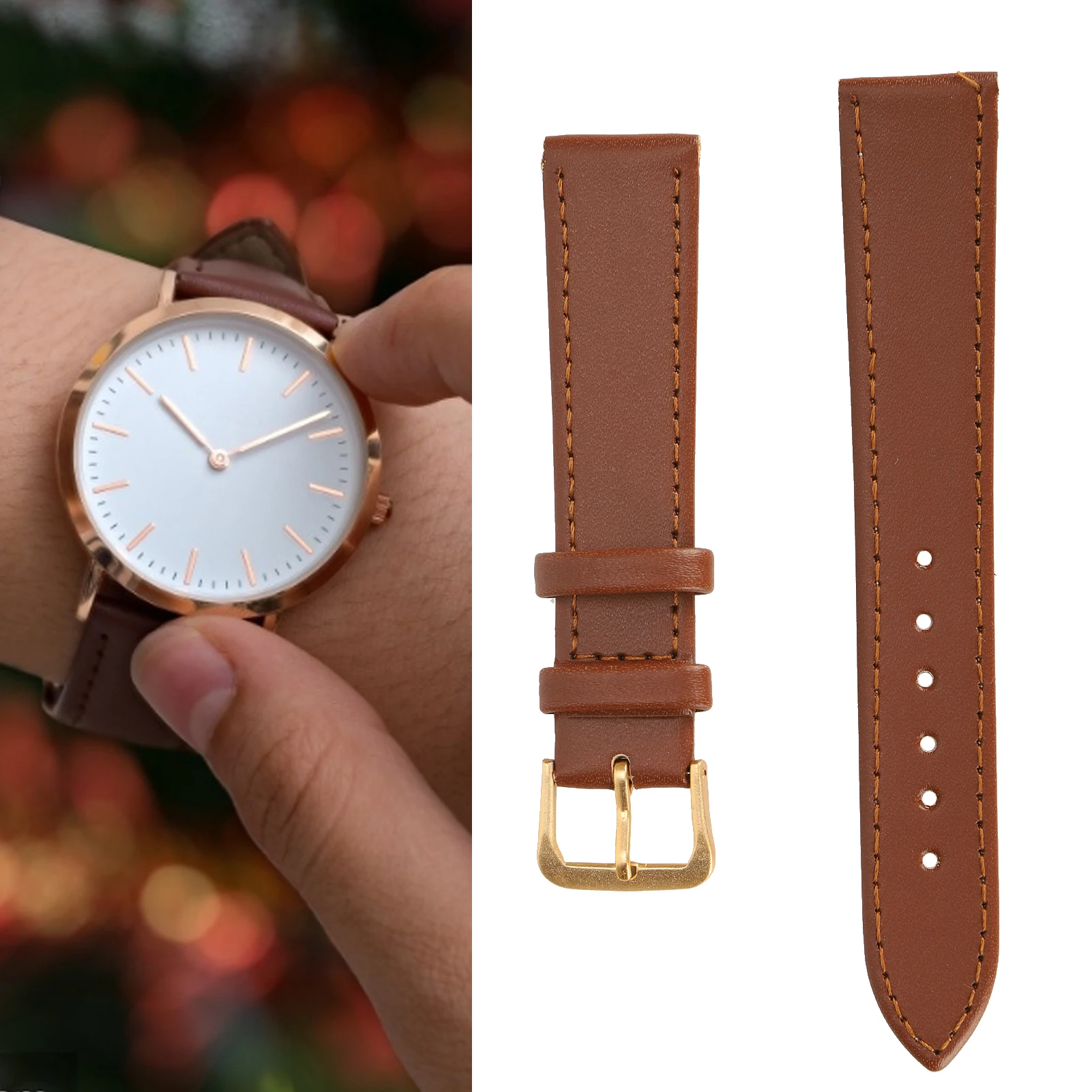 Unisex Universal Pin Buckle Watch Band PU Leather Replacement Watch Strap Accessory Brown18mm / 0.71in