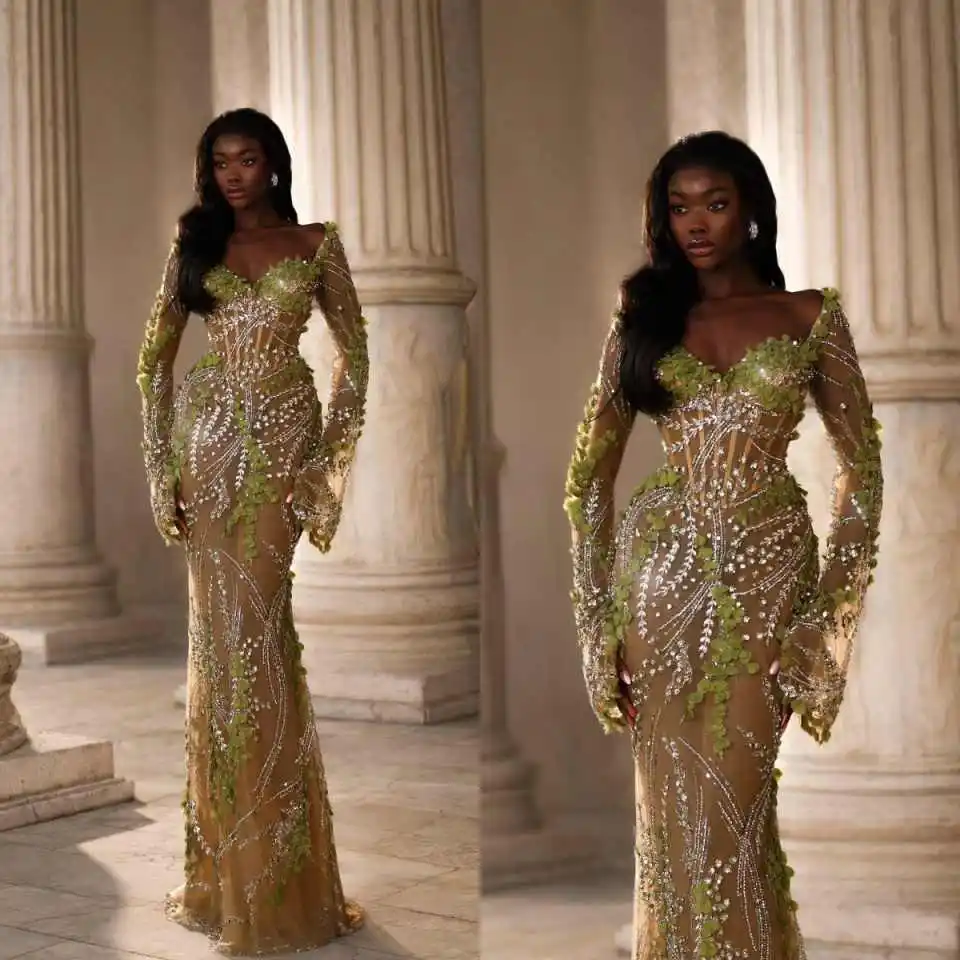

Elegant Dress Mermaid Lace Appliques Full Sleeve Beaded Floor-Length Court Gown Prom Dresses Vestido De Noite Customized