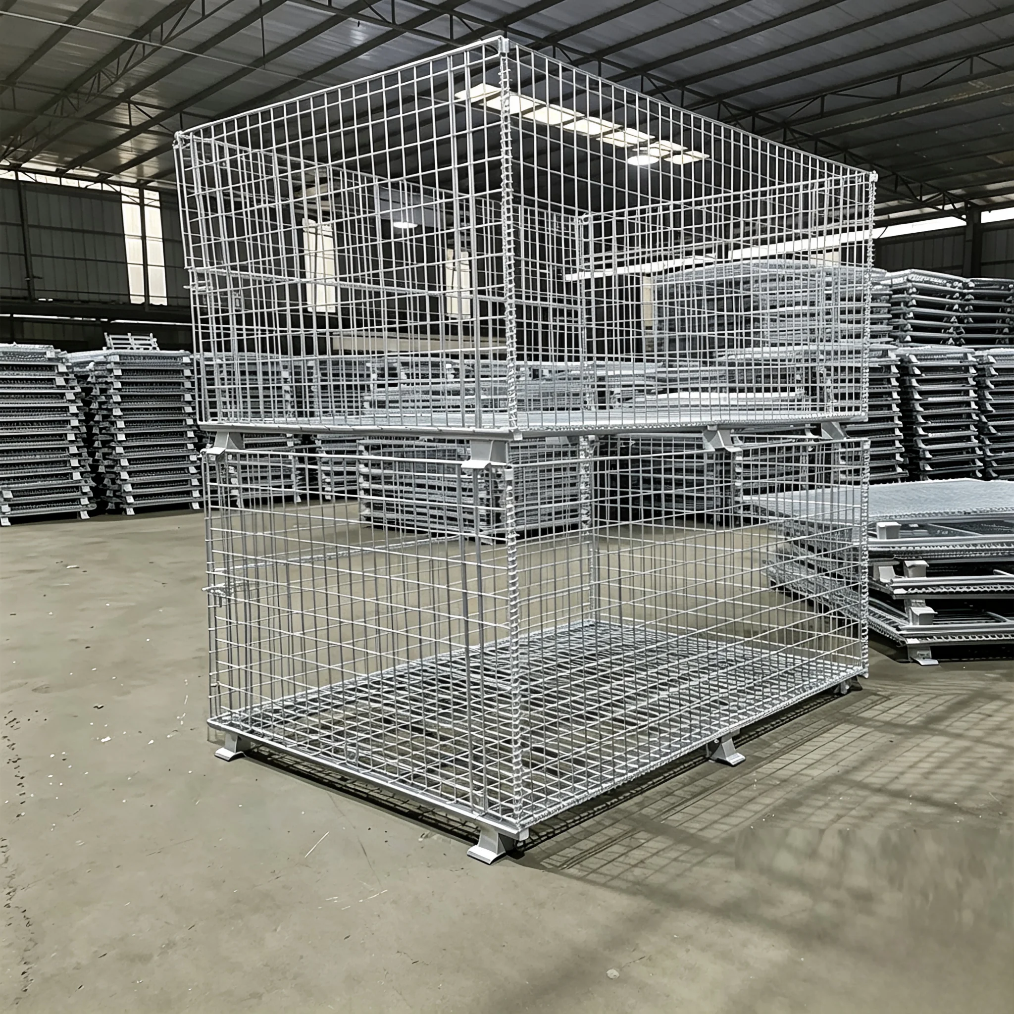 #¥Heavy Gauge Steel Wire Container Storage Cage Galvanized Stacking Bins with 4-Way Entry Forklift Pocket