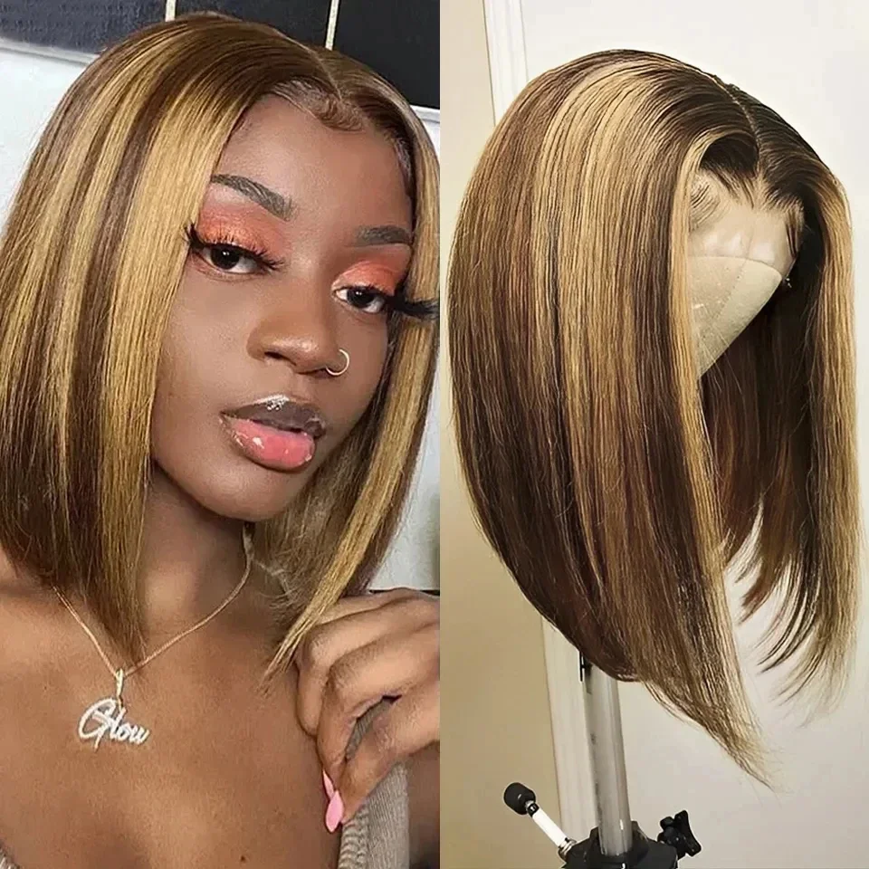 

Highlight 180% T Part Lace Front Human Hair Wigs Pre Plucked Brazilian Human Hair Middle Part P4/27 Straight Bob Wig For Women