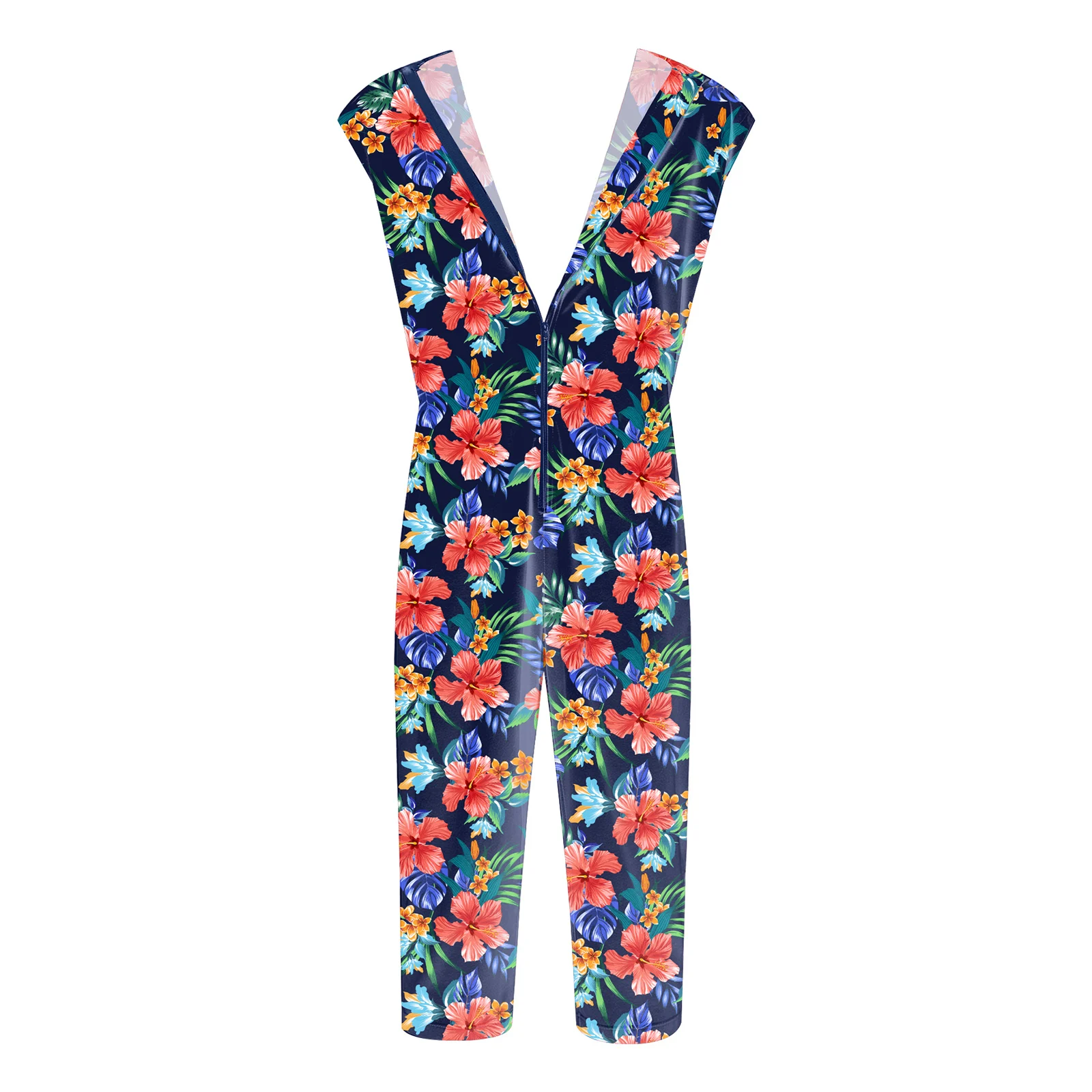 Women Special Needs Pyjamas V-neck Sleeveless Back Zipper Print Jumpsuit Bodysuit for Nursing Homes Hospitals