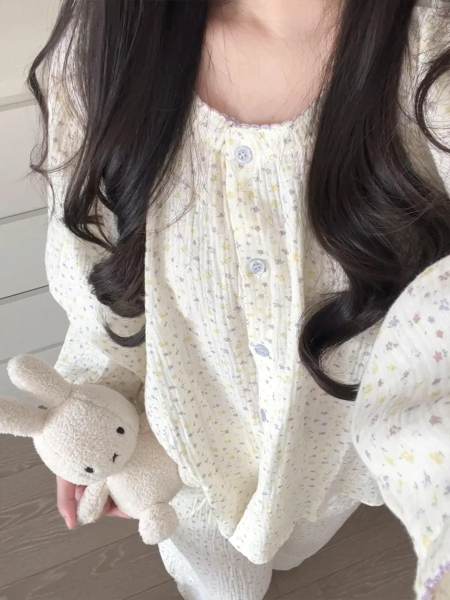 

Floral Print Knit Pajamas Women Cotton Sleepwear Long Pants Set Casual Long Sleeve Pjs Coquette Loungewear Homewear Summer 2026