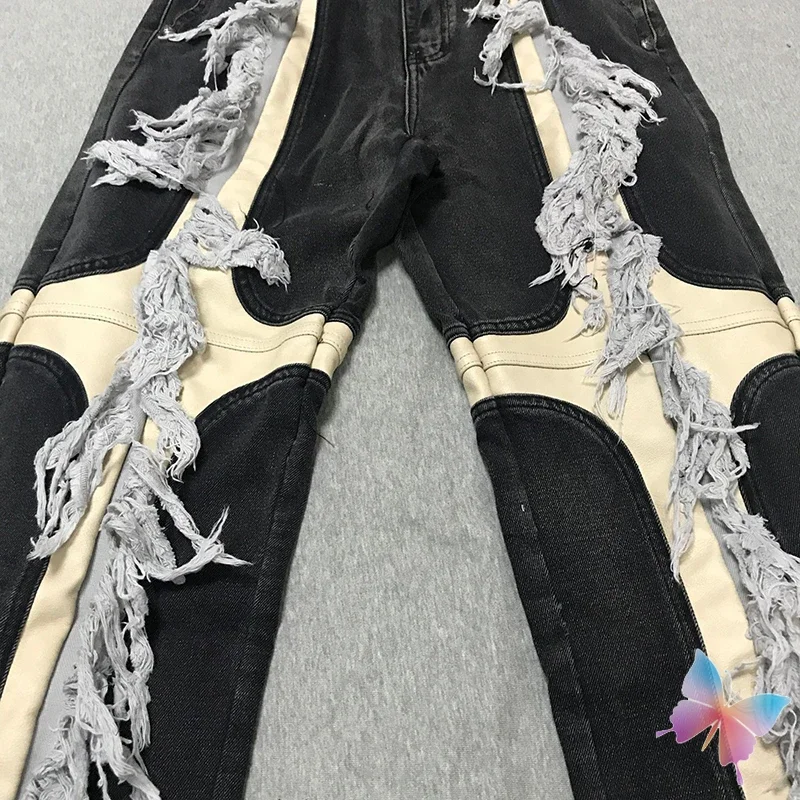 THUG CLUB جينز ثقيل الوزن من الجلد على شكل نجمة القمر الربط اللون حجب شرابة Vinatge سراويل جينز مغسولة للرجال والنساء