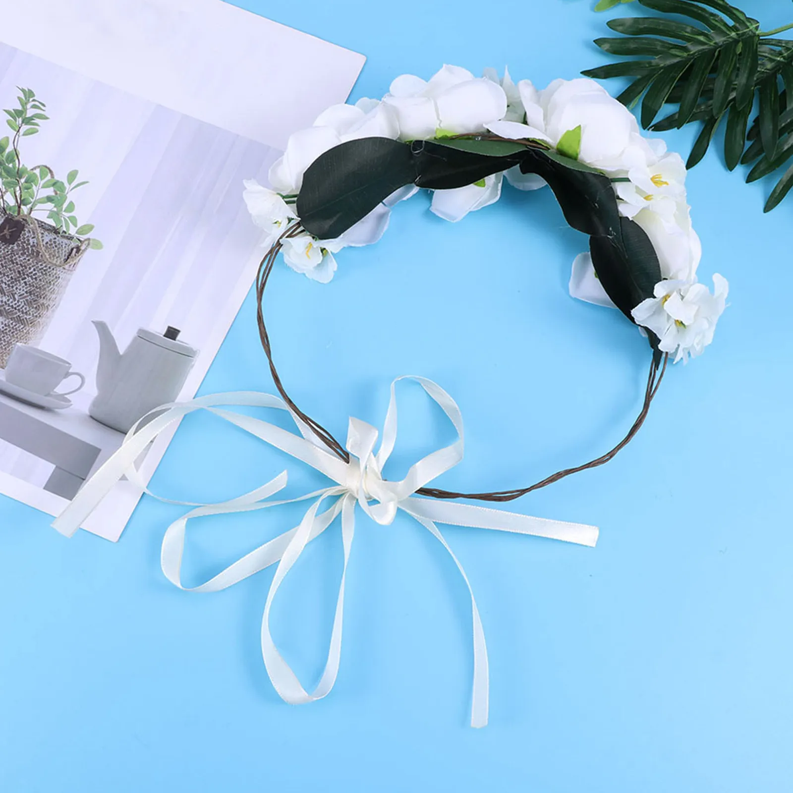 

Artificial White Rose Flower Hair Band Adjustable Ribbon Headband Elegant Simulation Design Wedding Party Masquerade Accessory