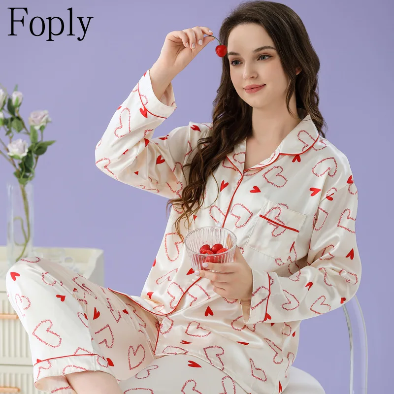 

Women's Pajamas Sets Spring 2 Piece Love Heart Print Pyjama Faux Silk Satin Sleepwear Long Sleeve Pijama Mujer Pjs Homewear