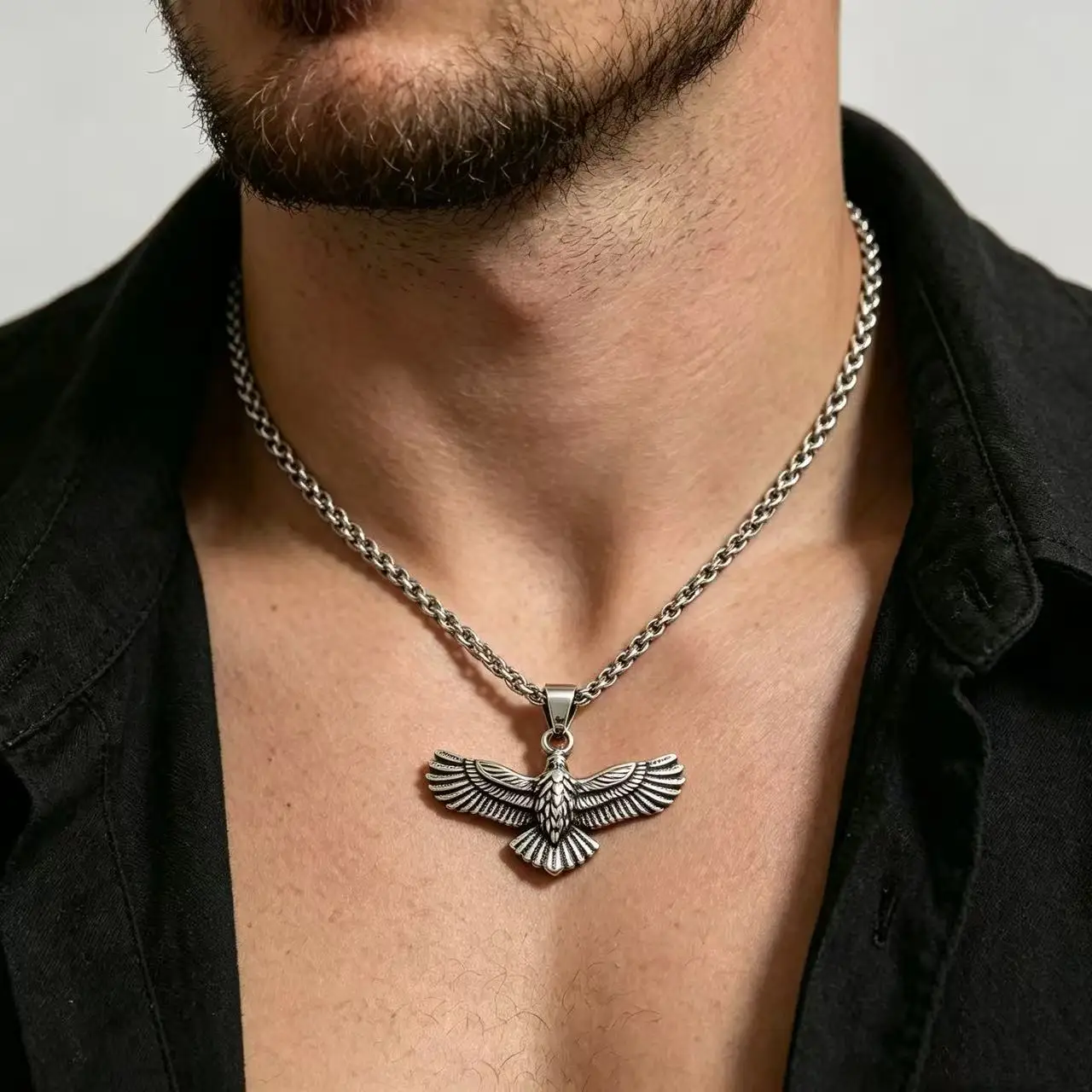 316L Edelstahl Wikinger-Raben-Anhänger Halskette für Männer Wasserdichter Nordischer Adler Biker Punk Männerschmuck Geschenk – Detail 3