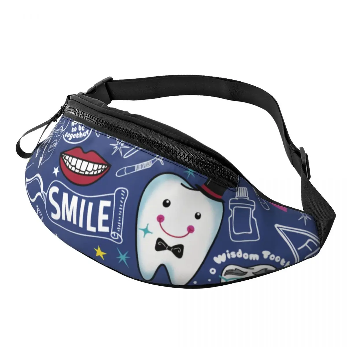 

Custom Cool Teeth Dentist Dentistry Fanny Pack Men Women Crossbody Waist Bag for Travel Cycling Phone Money Pouch