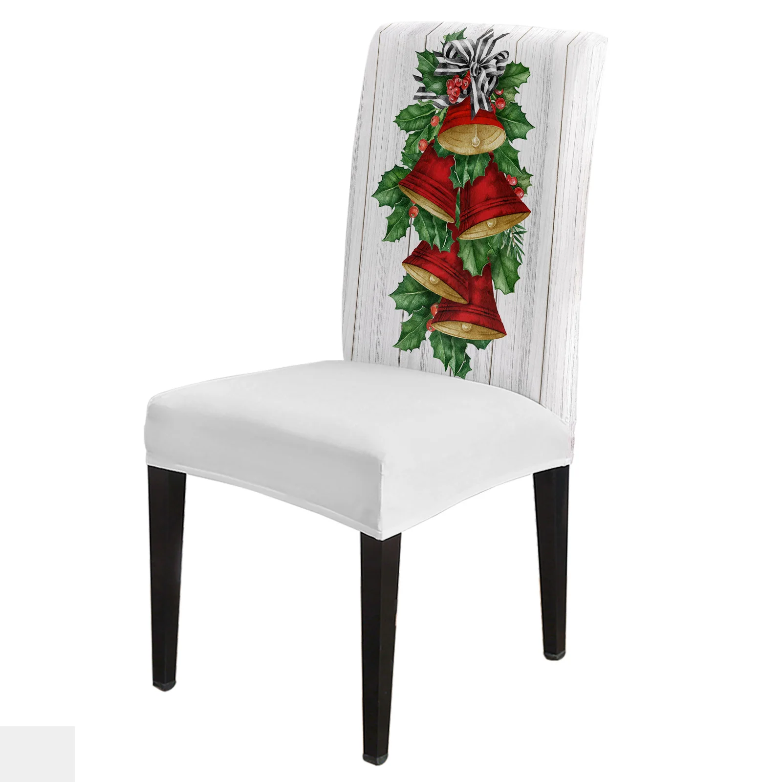 Christmas Pine Needles Red Bells Chair Cover Set Kitchen Stretch Spandex Seat Slipcover Christmas Decor Dining Room Seat Cover