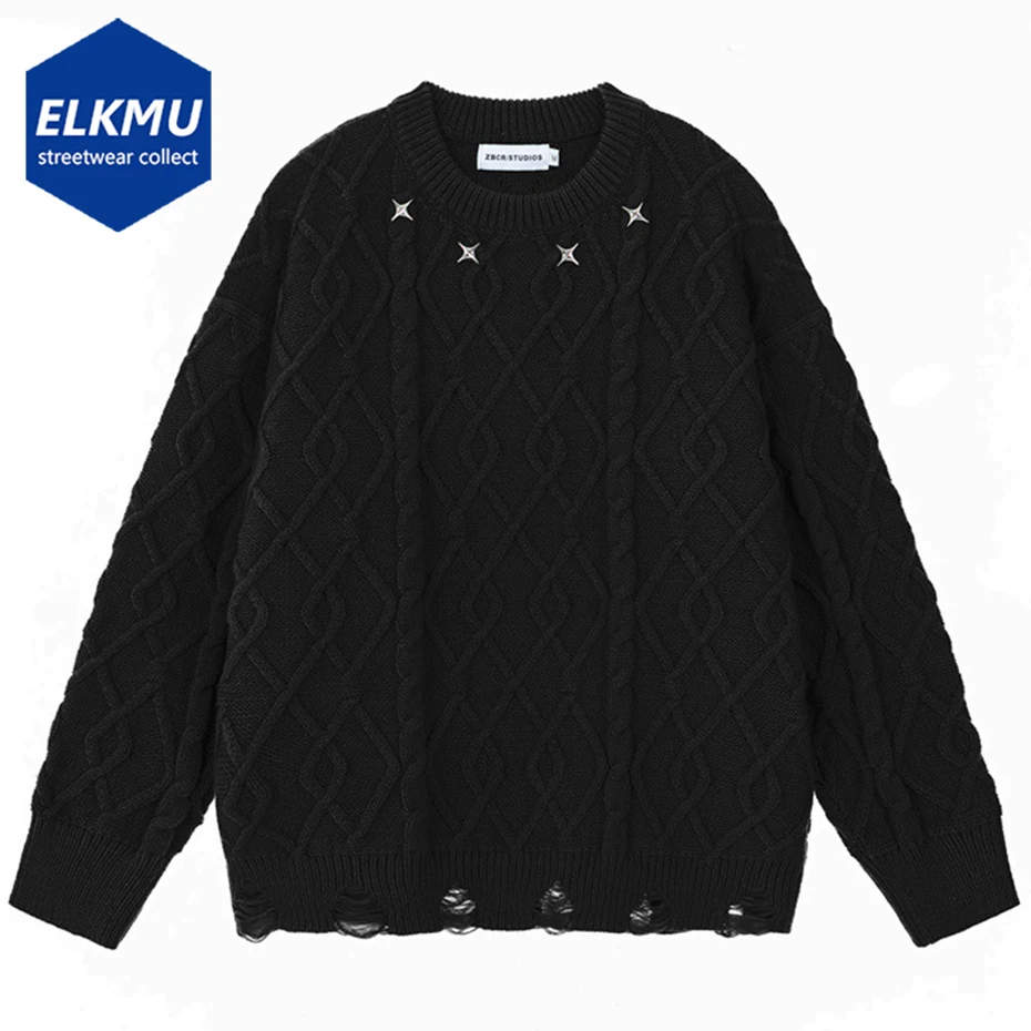 

Men Fashion Ripped Sweaters Black Knitted Pullover Jumper Streetwear Harajuku Oversized Hip Hop Sweater Casual Loose Knitwear