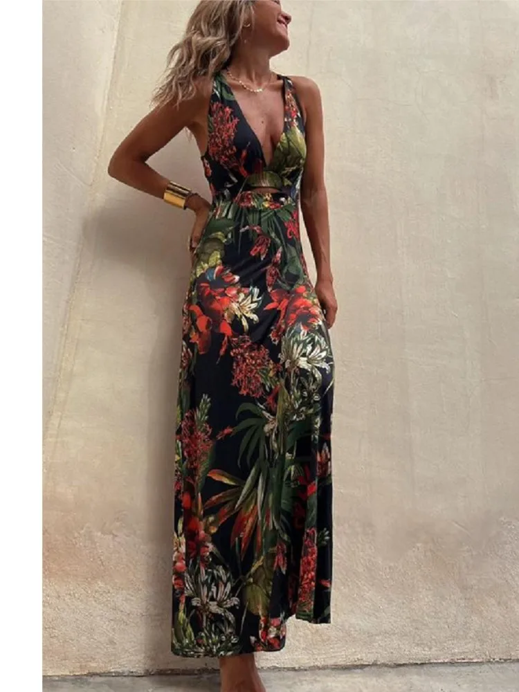 

Bohemian Vacation Long Dresses For Women 2025 Summer Sexy Backless Lack-up Sleeveless Deep V-neck Fashion Print Beach Dress Robe