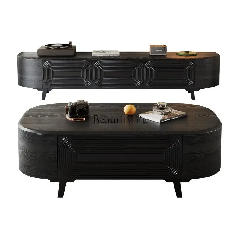 

LJY*French retro black wood grain coffee table for home use