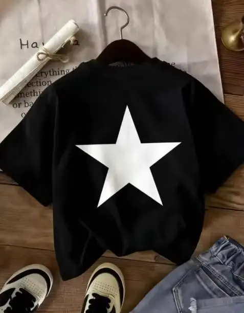 Women Minimalist Black Star Graphic T Shirt Back Big Black Star Print Round Neck Short Sleeve Oversized Casual Tee Spring Summer Daily Top