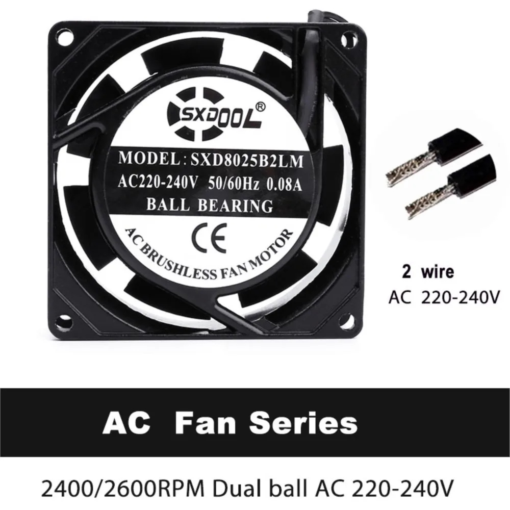 1pcs SXDOOL AC 220v 240v 80mm 8025 8cm Cooling Fan Dual Ball Bearing 8025 X 25mm Cooler Axial Cabinets Chassis Case